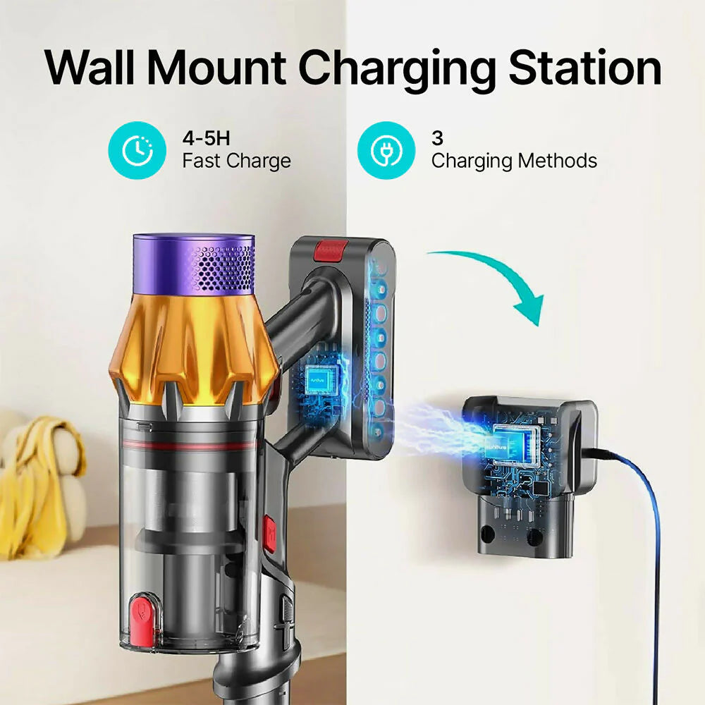 Wall mount charging station for a Airvax Vacuum Cleaner Y90 PRO with text indicating fast charge time and charging methods.
