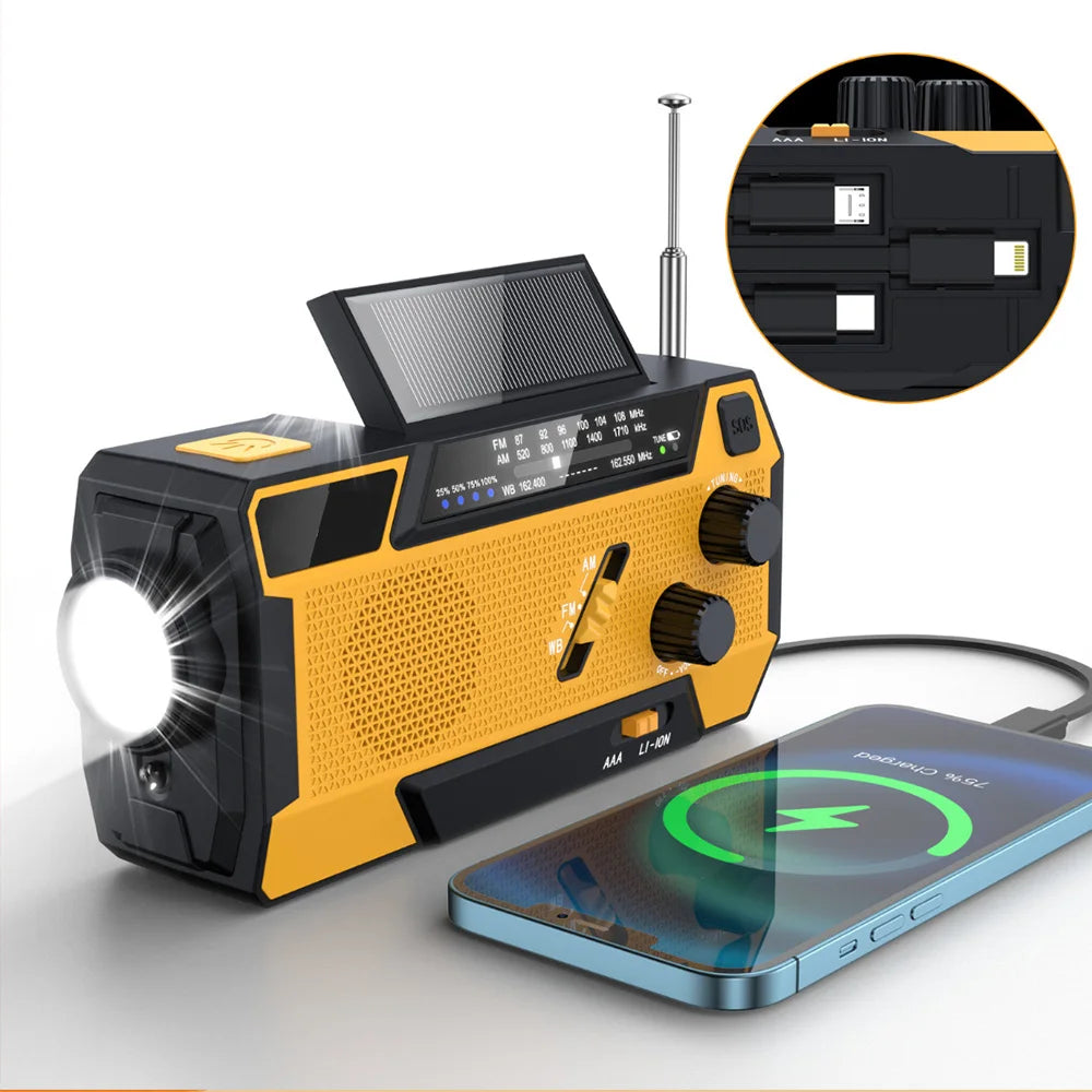 Yellow and black portable AlerSkyo Emergency Radio with solar panel and phone charging feature on a white background