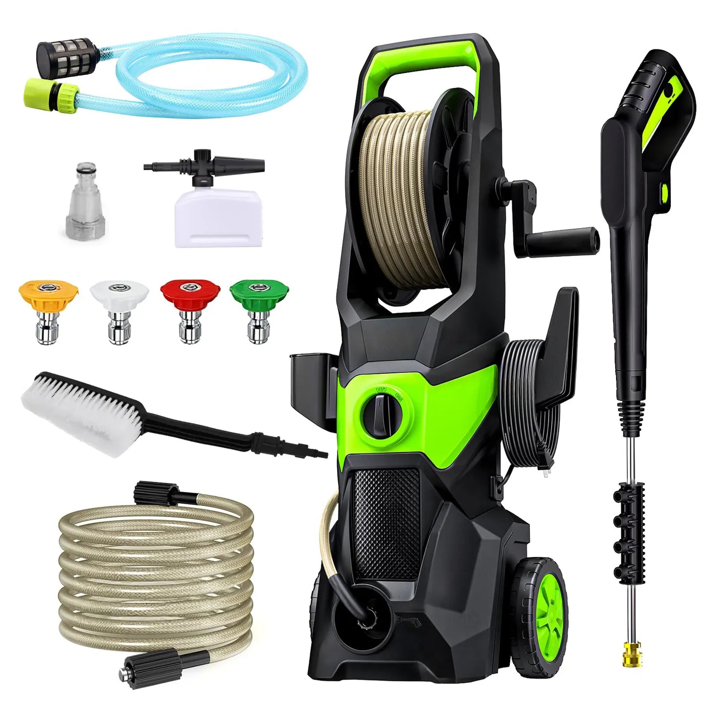AquaGo Pressure Washer with various attachments on a white background