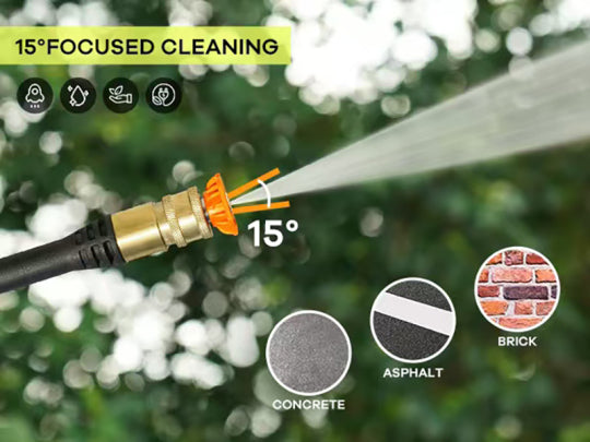 Hose nozzle with water spray and labeled cleaning angles on a blurred green background