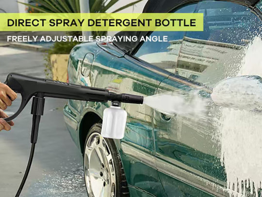 Person using a direct spray detergent bottle to wash a car with text highlighting features.