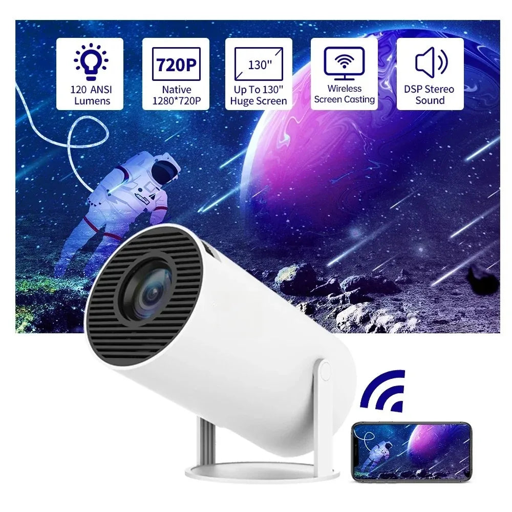 Cinemaster Pro 4k Smart Projector with features displayed on a space-themed background