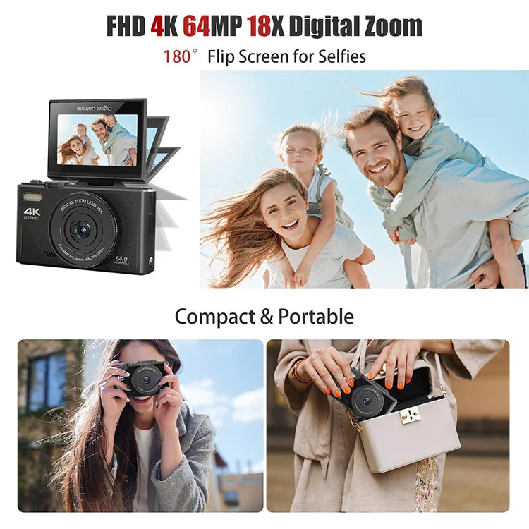 Compact ClikTric Camera with flip screen, family photos, and people using the camera.
