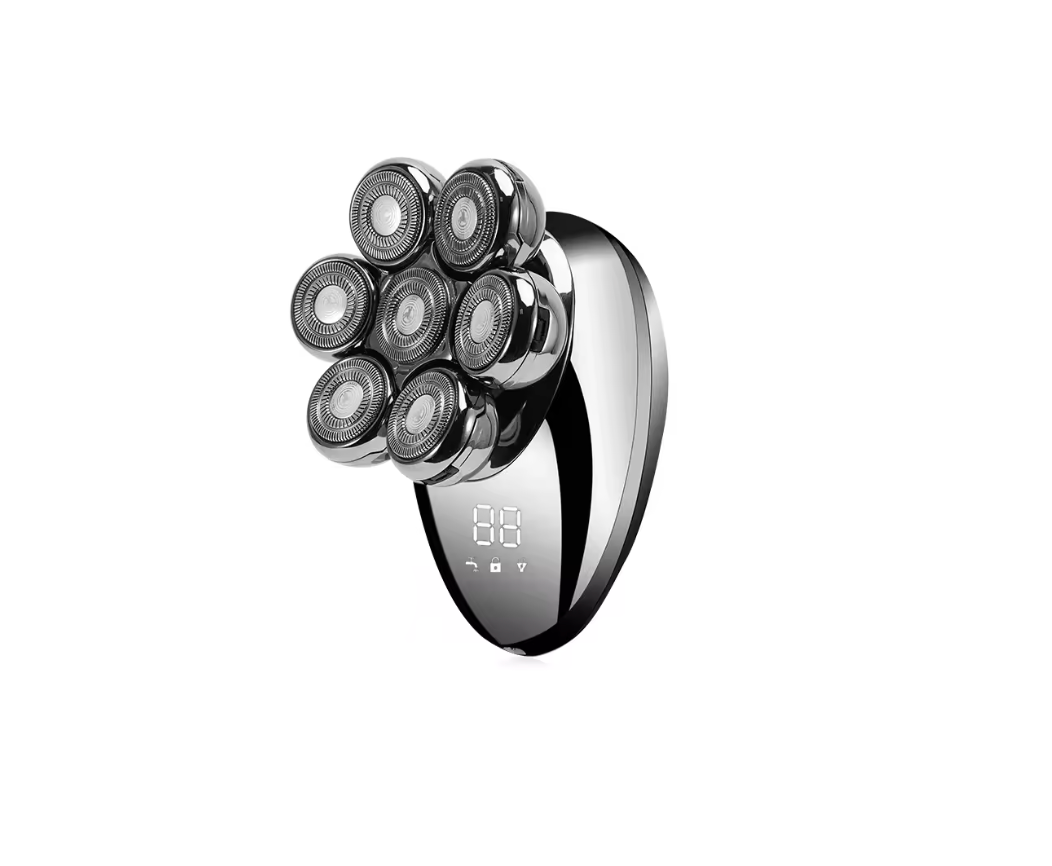 Silver DomeeGlix Head shaver with digital display on a white background