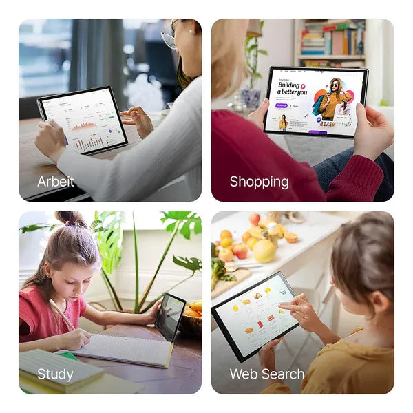 Four scenes showing people using tablets for work, shopping, study, and web search.