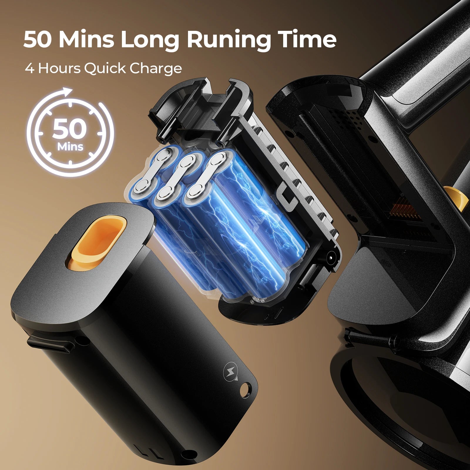 Lenoro V9 Cordless Vacuum Cleaner with charging cable and text indicating running time and quick charge time on a brown background.