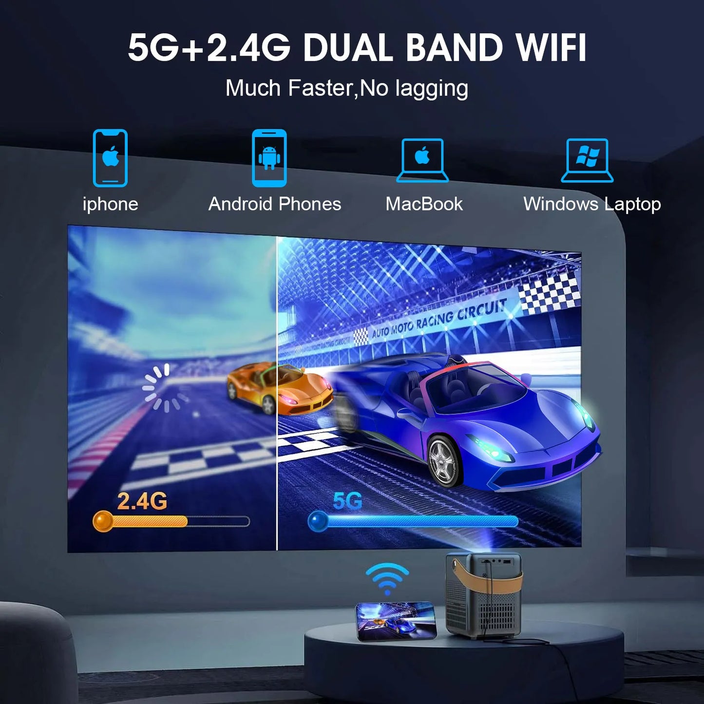 Television screen displaying a racing game with 5G and 2.4G connectivity on a dark background through Lunorys Projector