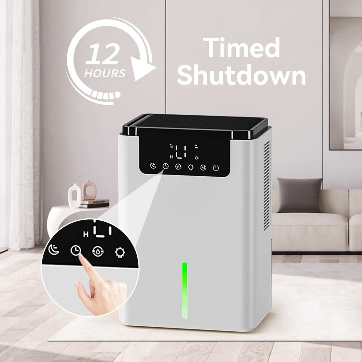 Marvics Dehumidifier D2 with timed shutdown feature in a living room setting