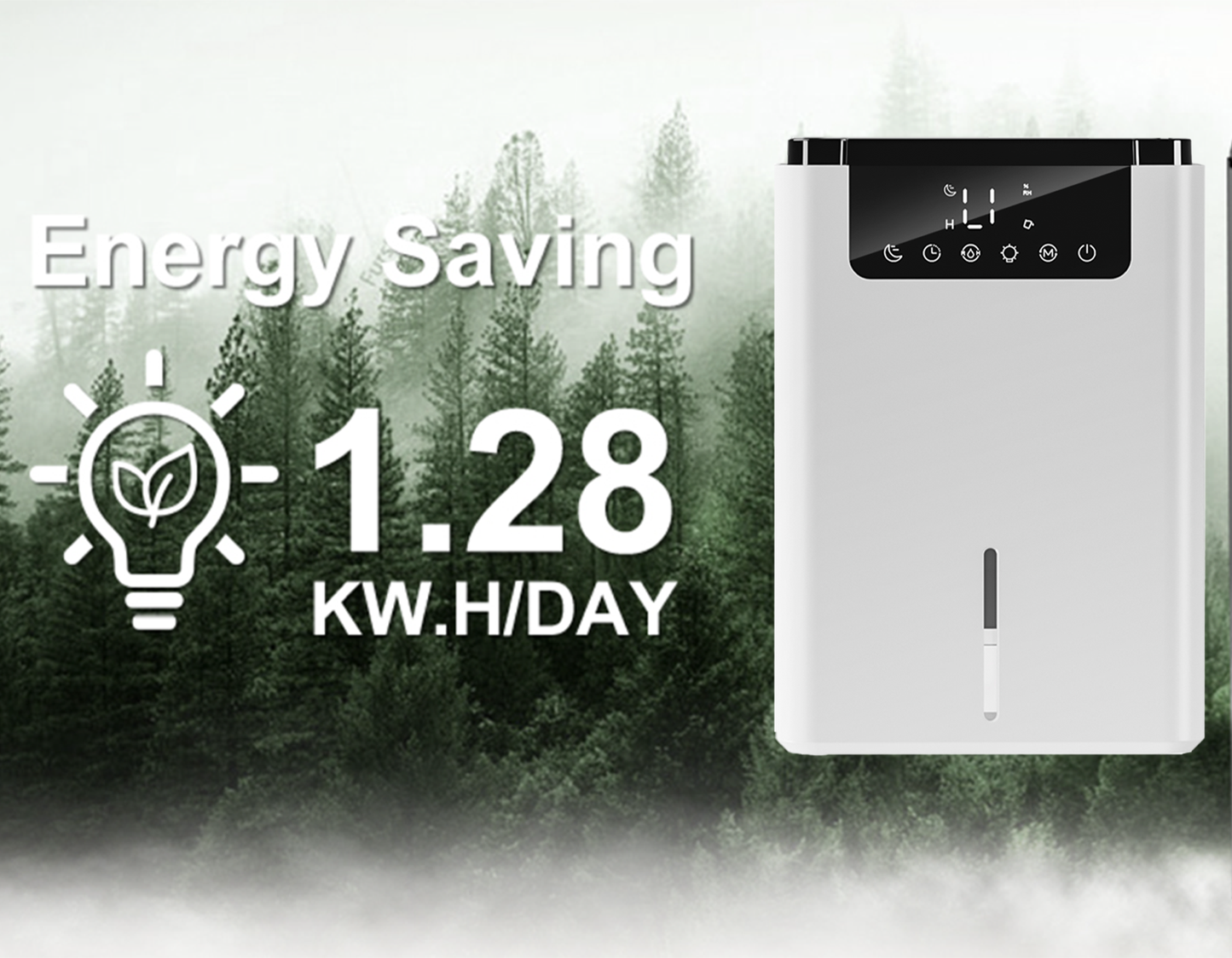 Energy Marvics Dehumidifier D2 with energy consumption display against a forest background