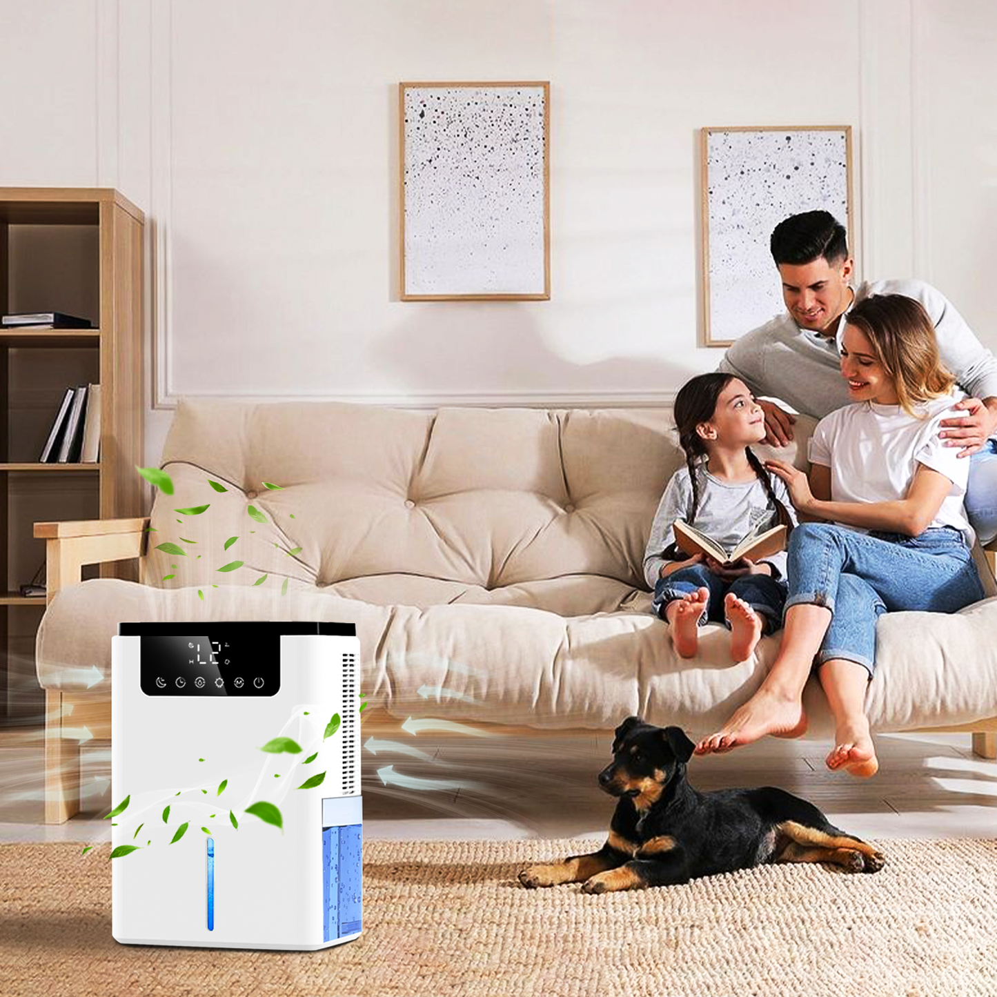 Family sitting on a couch with an Marvics Dehumidifier D2 in the foreground