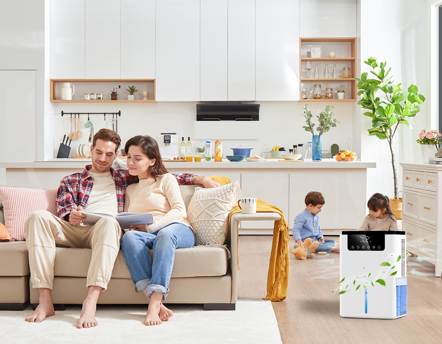 Family in a modern living room with an Marvics Dehumidifier D2 on the floor.