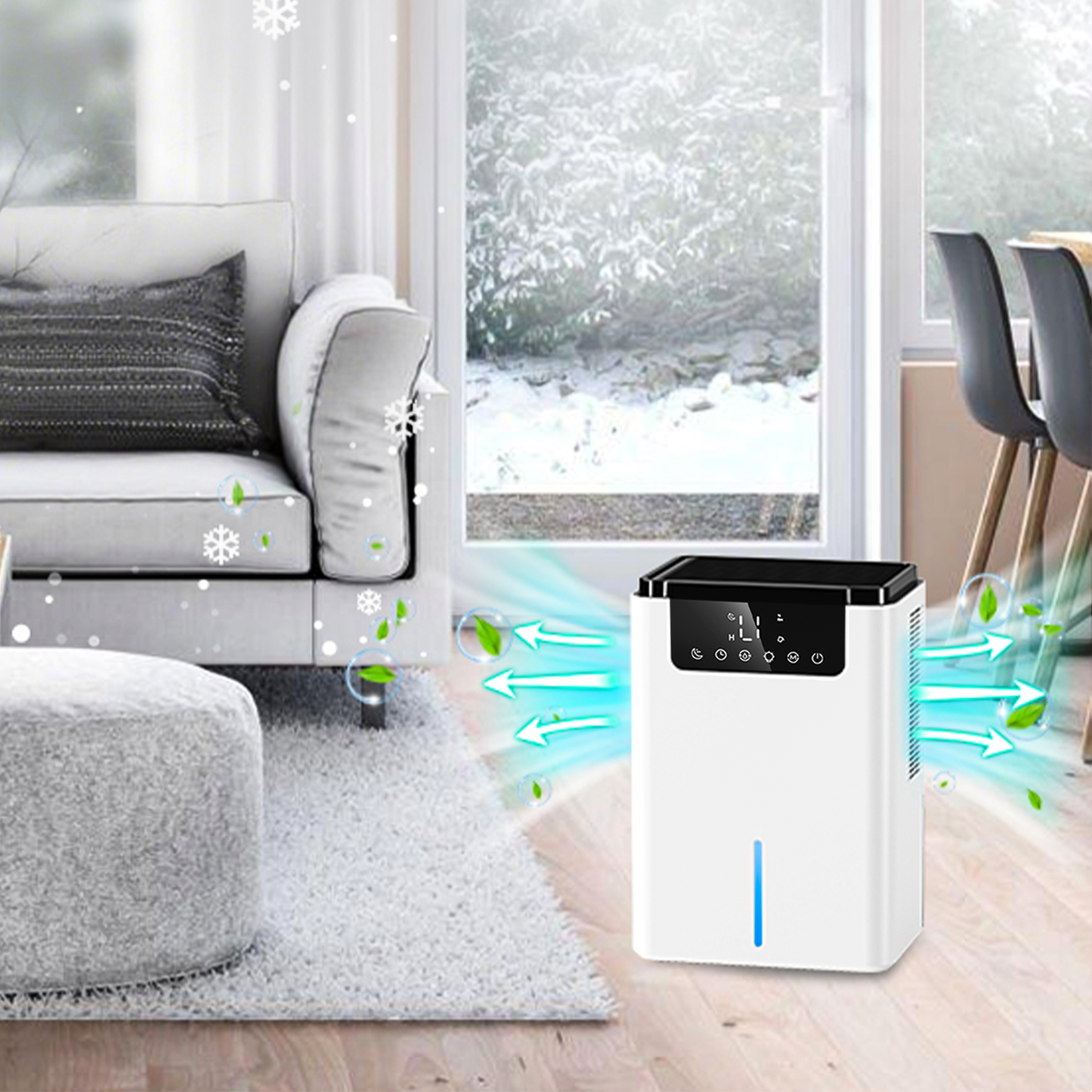 Marvics Dehumidifier in a living room with snow outside the window