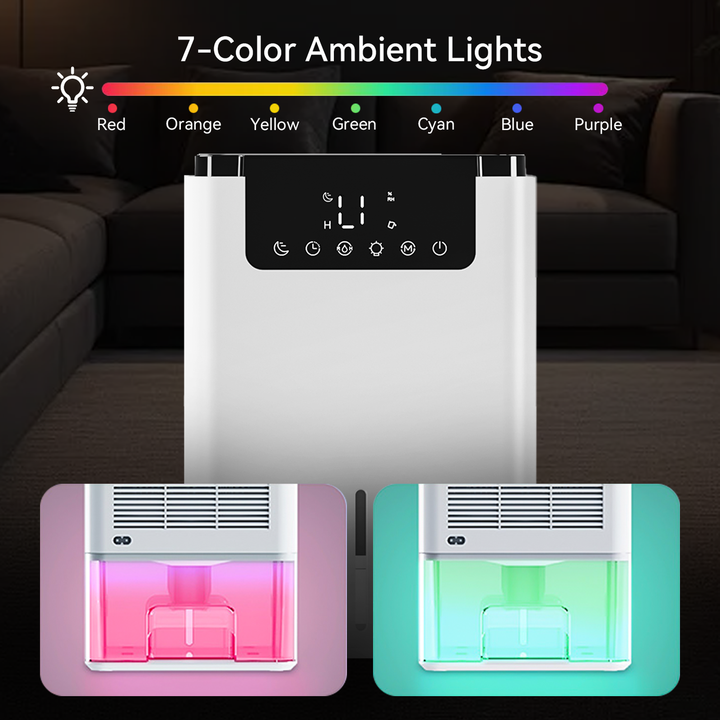 Marvics Dehumidifier D2 with 7-color ambient light display in a living room setting