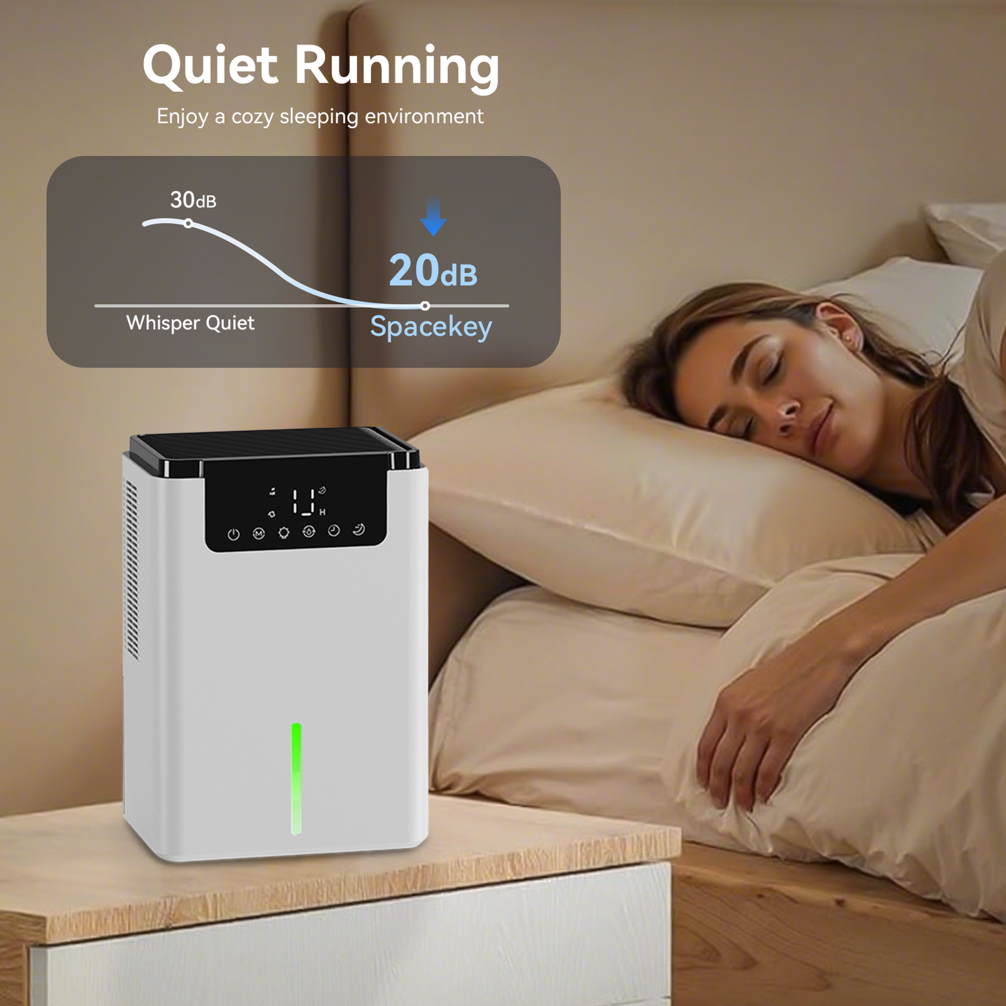 Marvics Dehumidifier on a bedside table with a woman sleeping in the background, emphasizing quiet operation.