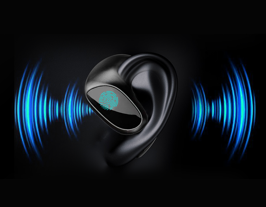 Black Meacode AI Translation Earbuds
with blue sound wave graphics on a dark background