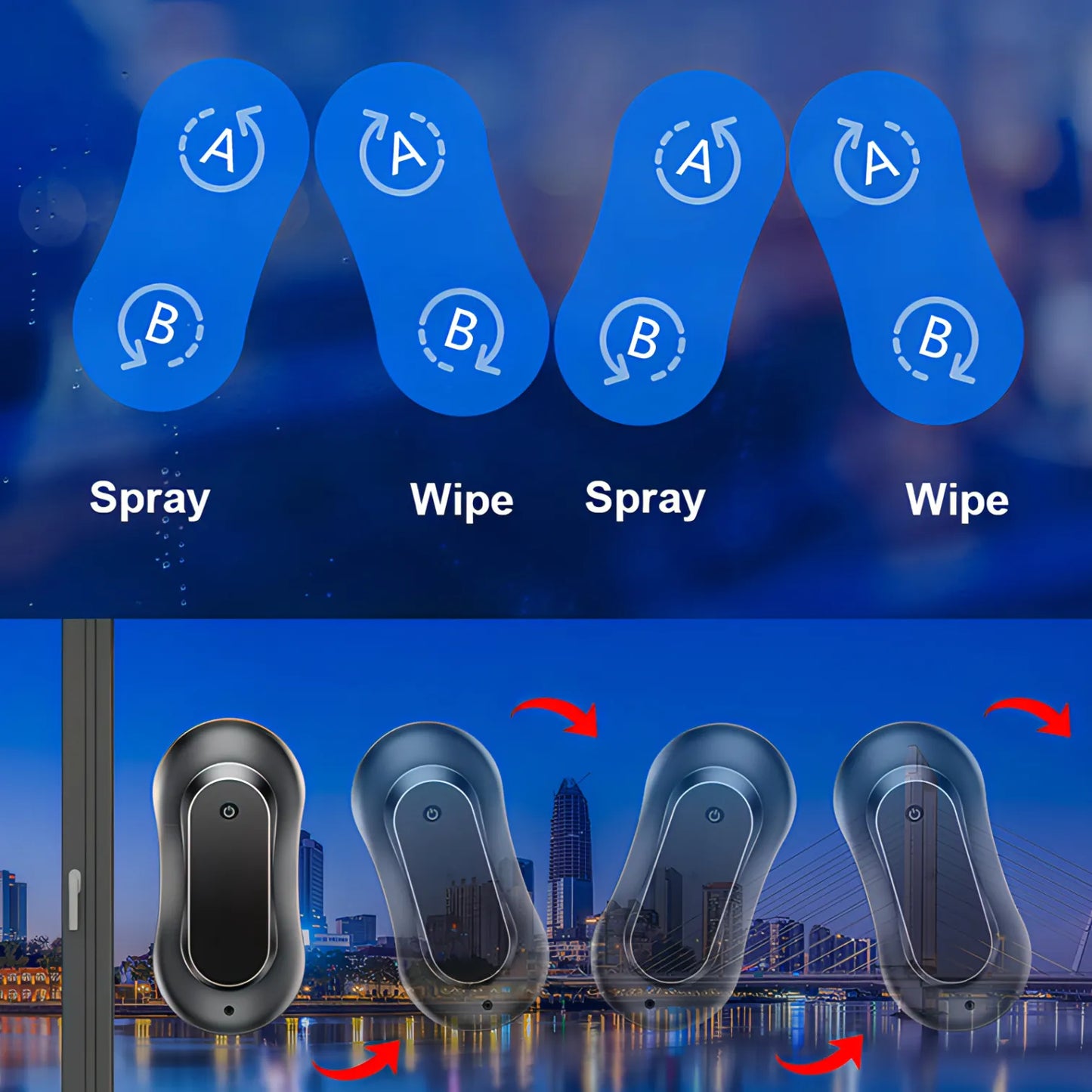 Product demonstration with Nordzens Window Cleaning Robot spray and wipe actions on a blurred cityscape background