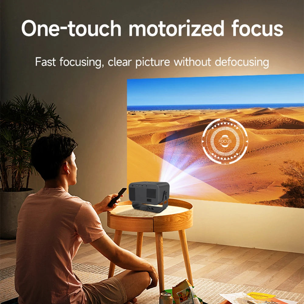 Man using a Nytvisuel Projector to display a desert scene with text about one-touch motorized focus.