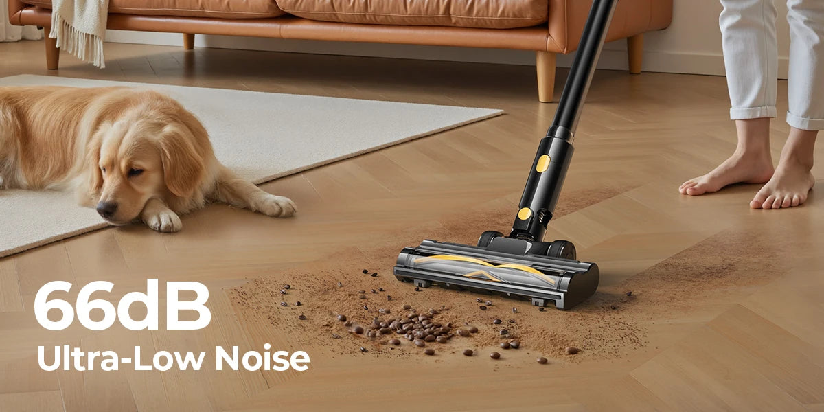 Person using a Lenoro V9 Cordless Vacuum Cleaner on a wooden floor with a dog watching, featuring ultra-low noise level text.