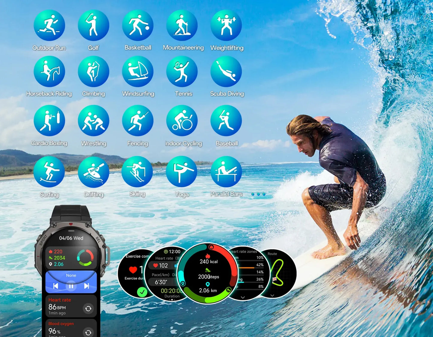Person surfing with fitness app icons and Praxia GPS Smartwatch display on a blue ocean wave background