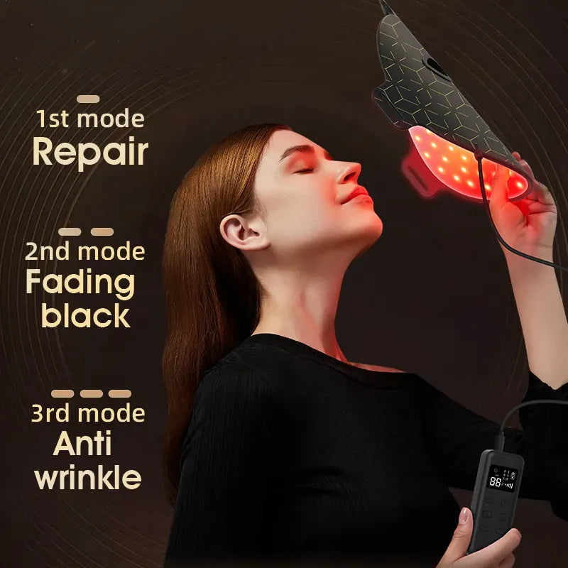 Person using a Trovoro LED Face Mask on their face with text indicating repair, fading black, and anti-wrinkle modes.
