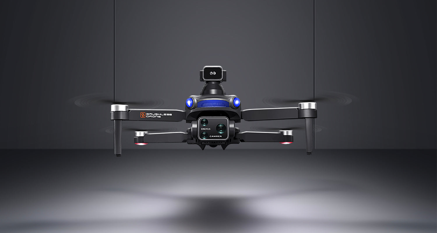 Drone with visible branding on a dark background