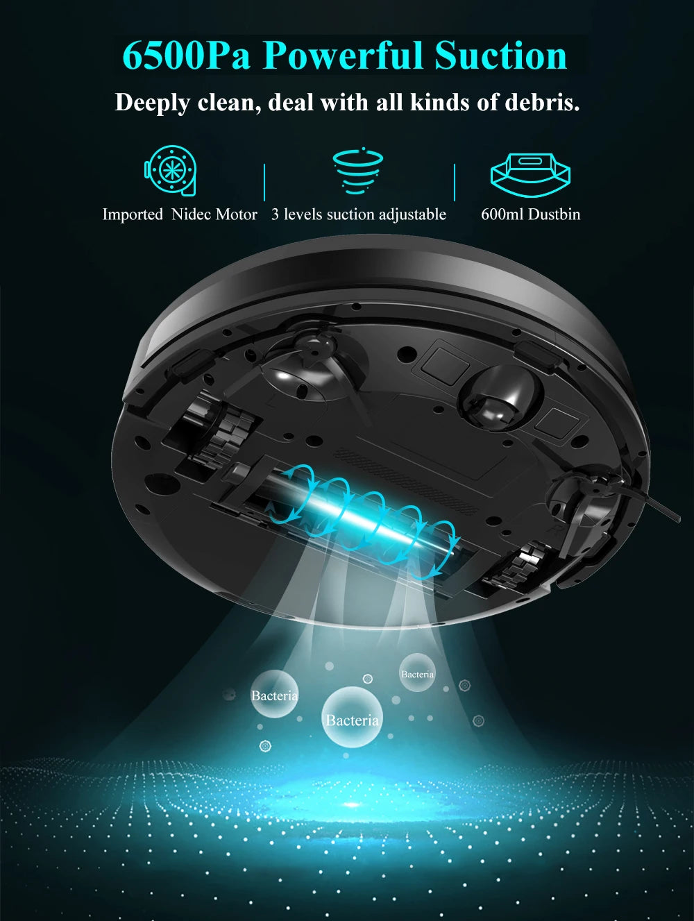 ABIR X8 robot vacuum demonstrating 6500Pa ultra-strong suction power picking up dust, debris, and pet hair from hard floors and carpets