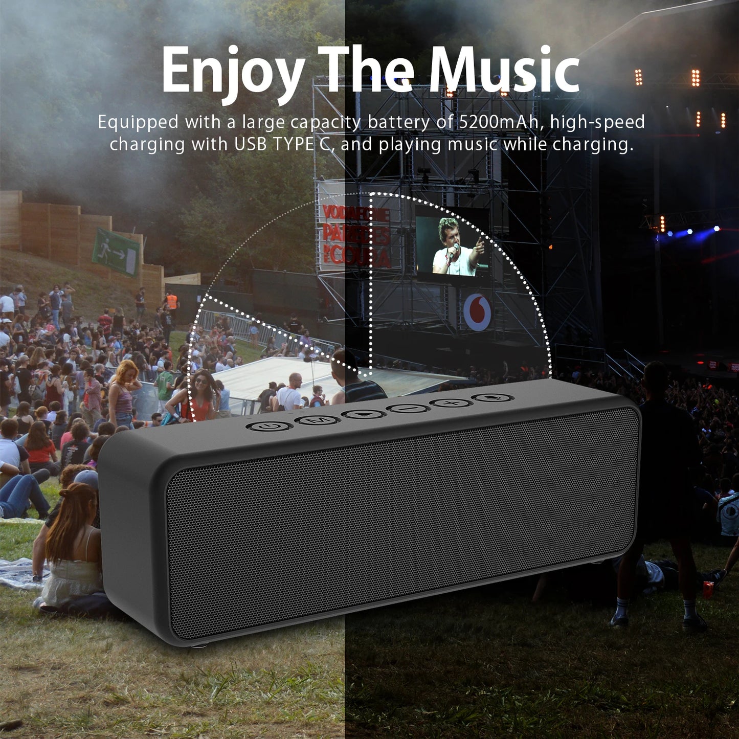 BS Melody Bluetooth speaker charging via USB Type-C with 5200mAh battery while playing music, supporting extended use during charging