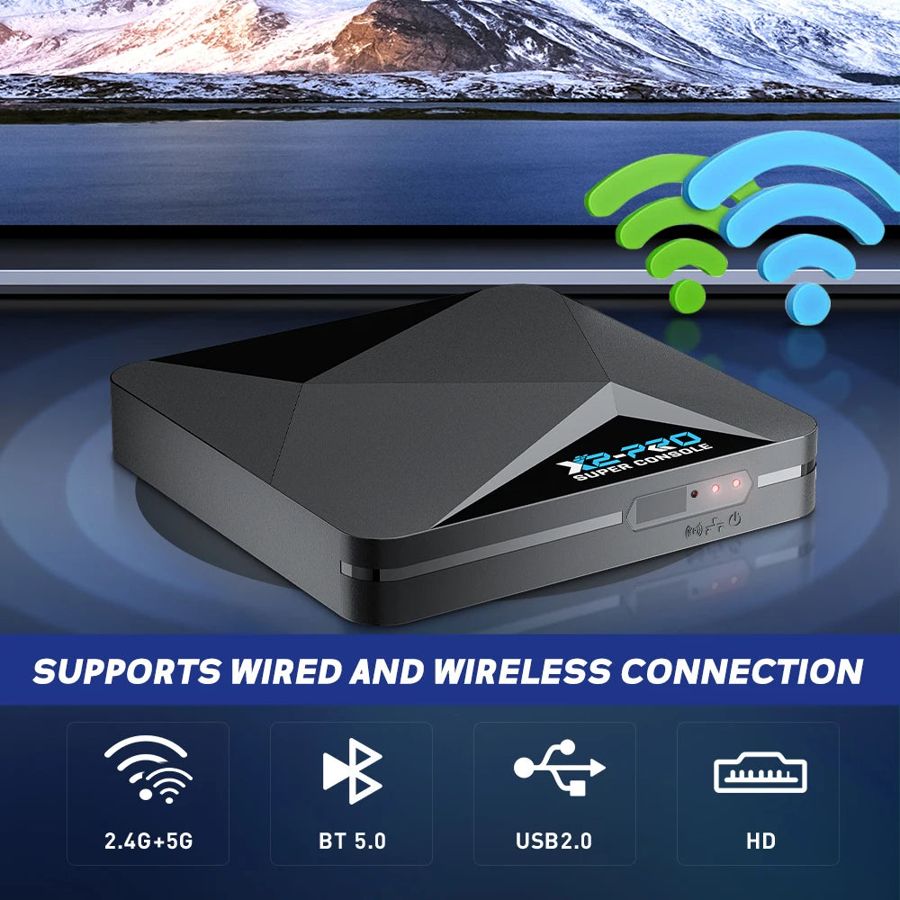 KINHANK X2 Pro Retro Gaming Console with 2.4G/5G Wi-Fi, Bluetooth 5.0, USB 2.0, and HDMI support for wired and wireless connections