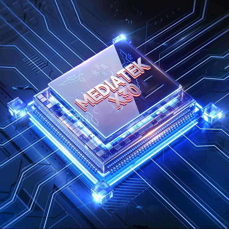 Mediatek chip with blue glowing effect on a futuristic circuit board background