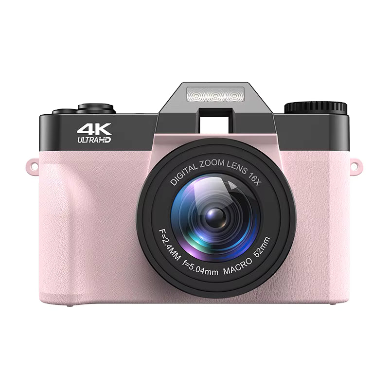 Pink Korons Digital Camera with black lens on a white background