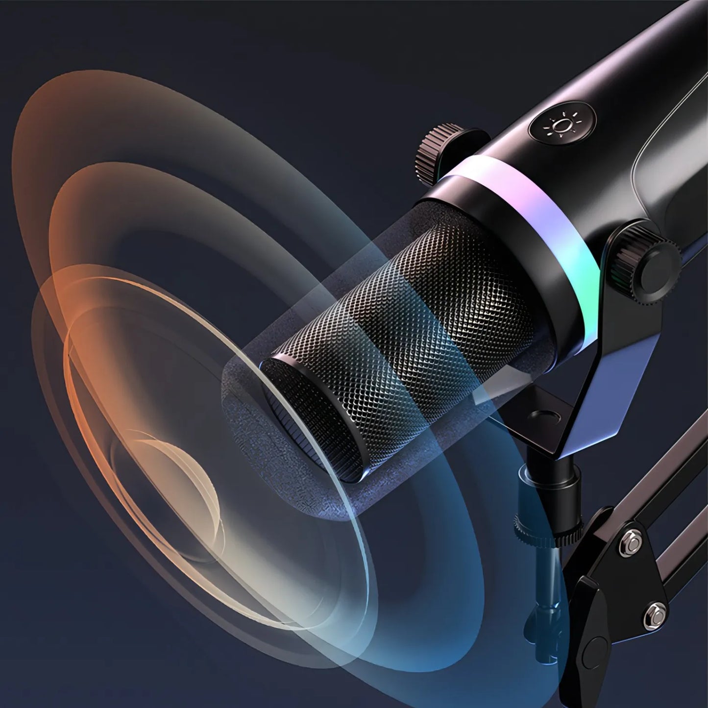 Close-up of a puruxe microphone with RGB lighting on a dark background