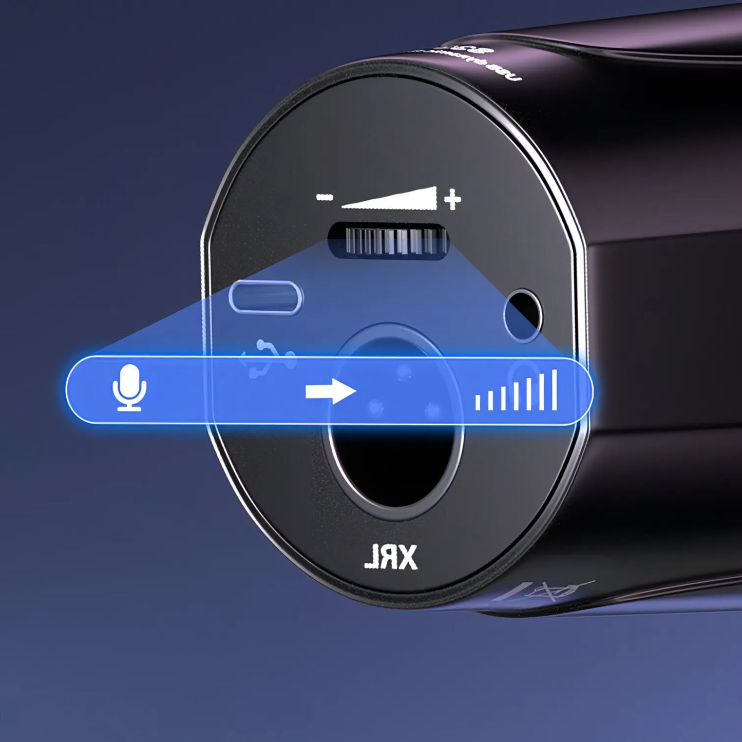 Close-up of a black puruxe microphone with control buttons on a dark blue background