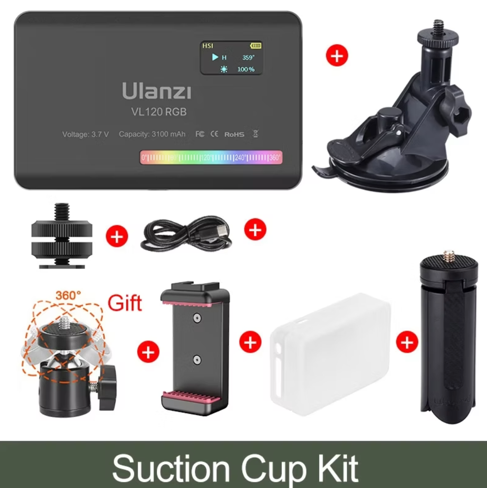 Black Ulanzi suction cup mount kit for VL120RGB LED Video Light, designed for secure attachment to glass, smooth surfaces, or car windows during mobile shoots