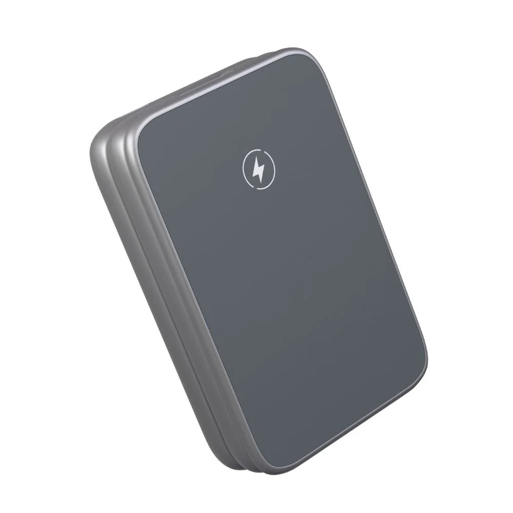Gray external hard drive with a lightning bolt symbol on a white background