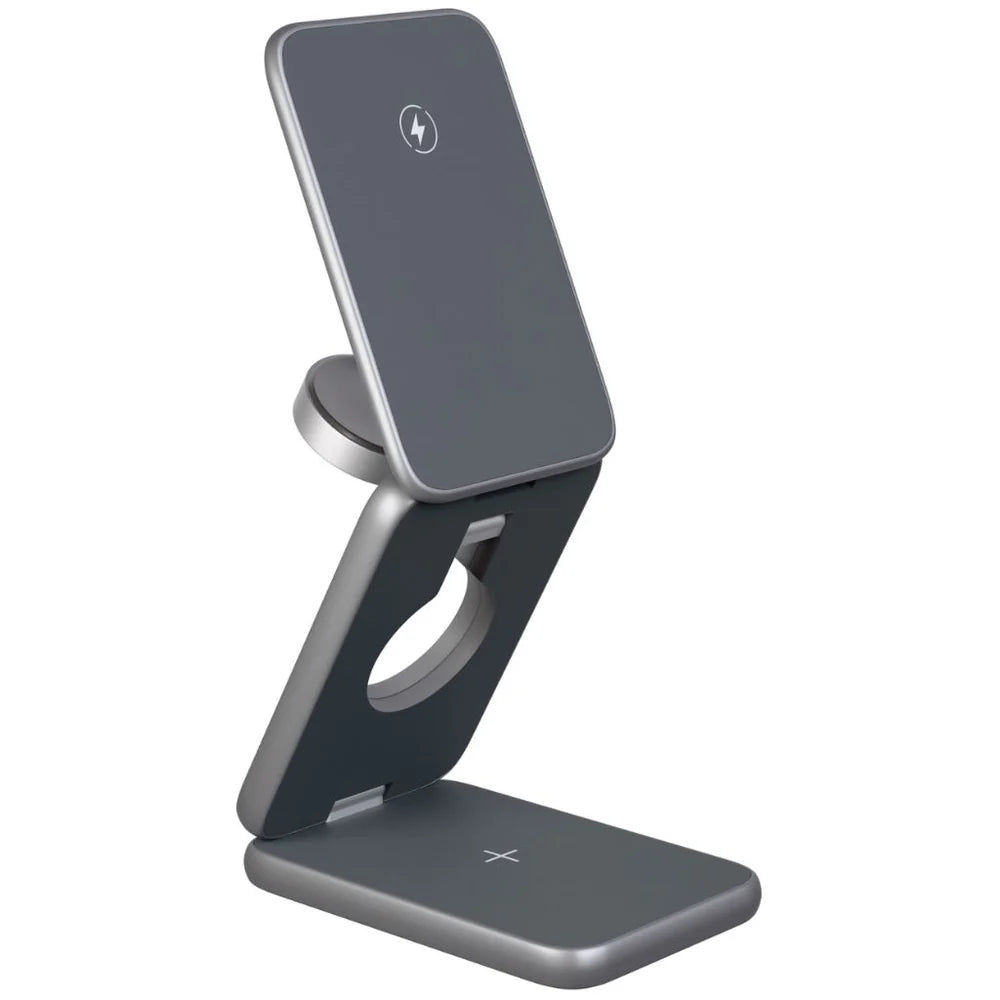 Gray wireless charging stand on a white background
