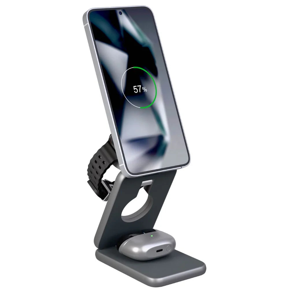 Multi-device charging stand with smartphone, smartwatch, and wireless earbuds on a white background