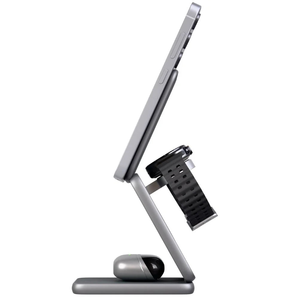 Silver tablet stand with a black smartwatch on a white background