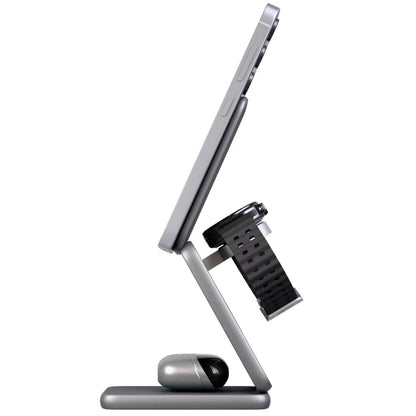 Silver tablet stand with a black smartwatch on a white background