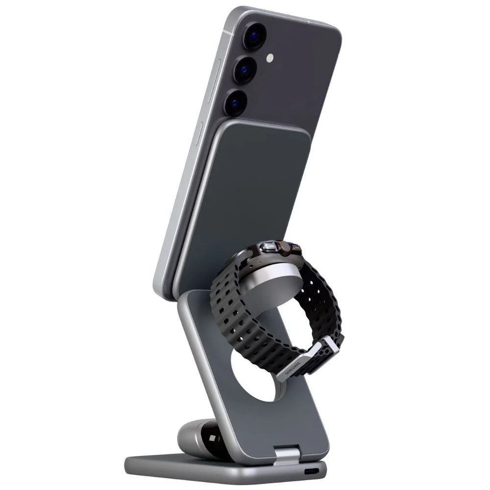Phone and smartwatch on a stand with a white background