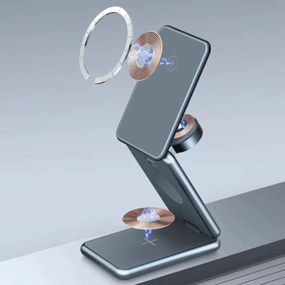 Wireless charging stand with phone and coil illustration on a gray background