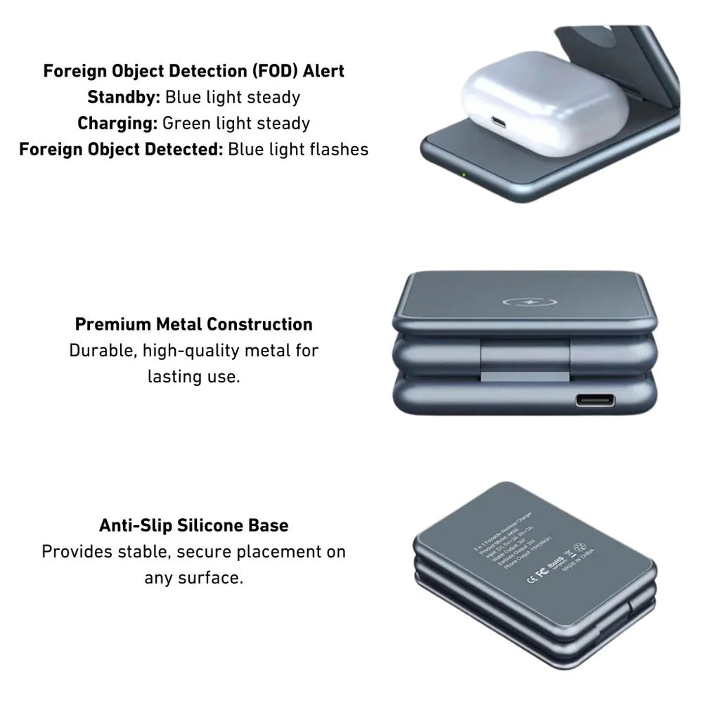 Wireless charging pad with LED indicators and metal construction on a white background