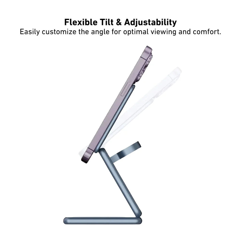 Adjustable stand with text highlighting flexible tilt and adjustability on a white background
