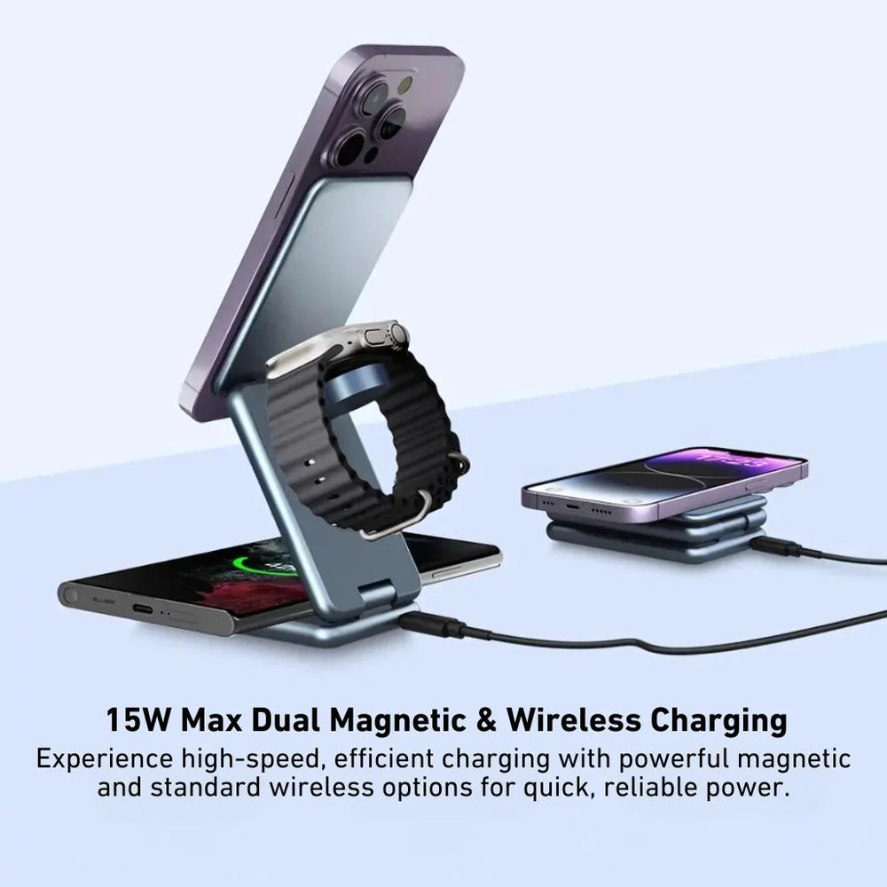 Multi-device charging stand with smartphone, smartwatch, and wireless charger on a light blue background.