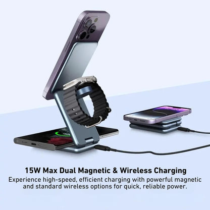 Multi-device charging stand with smartphone, smartwatch, and wireless charger on a light blue background.