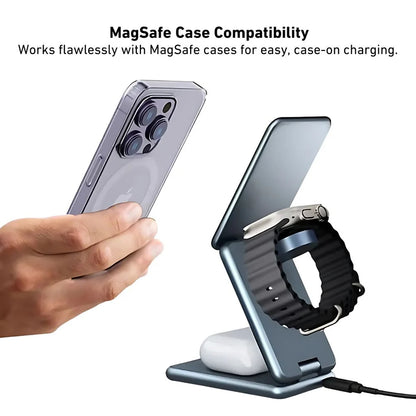 Multi-device charging stand with phone, watch, and airpods on a white background