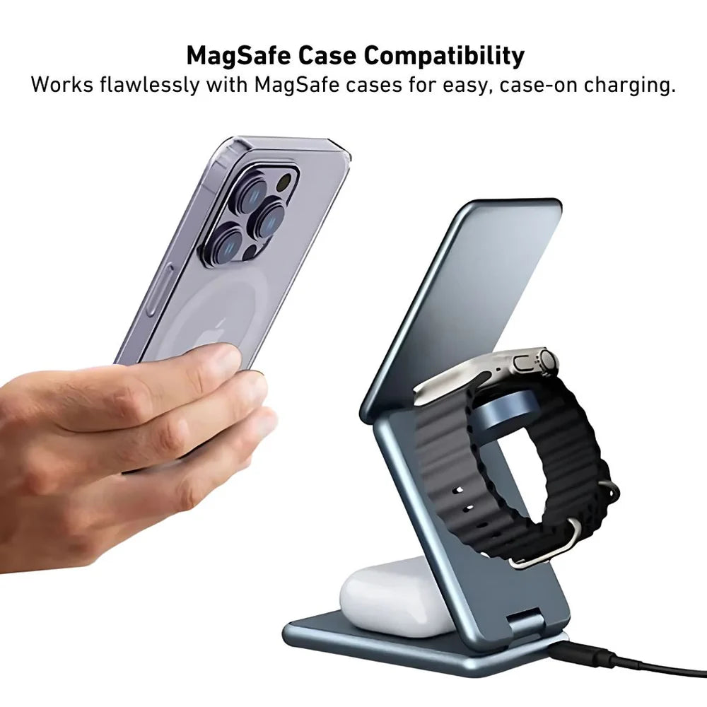 Multi-device charging stand with phone, watch, and airpods on a white background