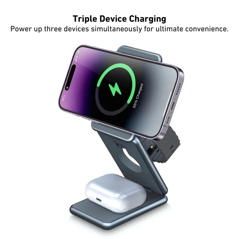 Multi-device charging stand with smartphone, wireless earbuds, and power bank on a white background.