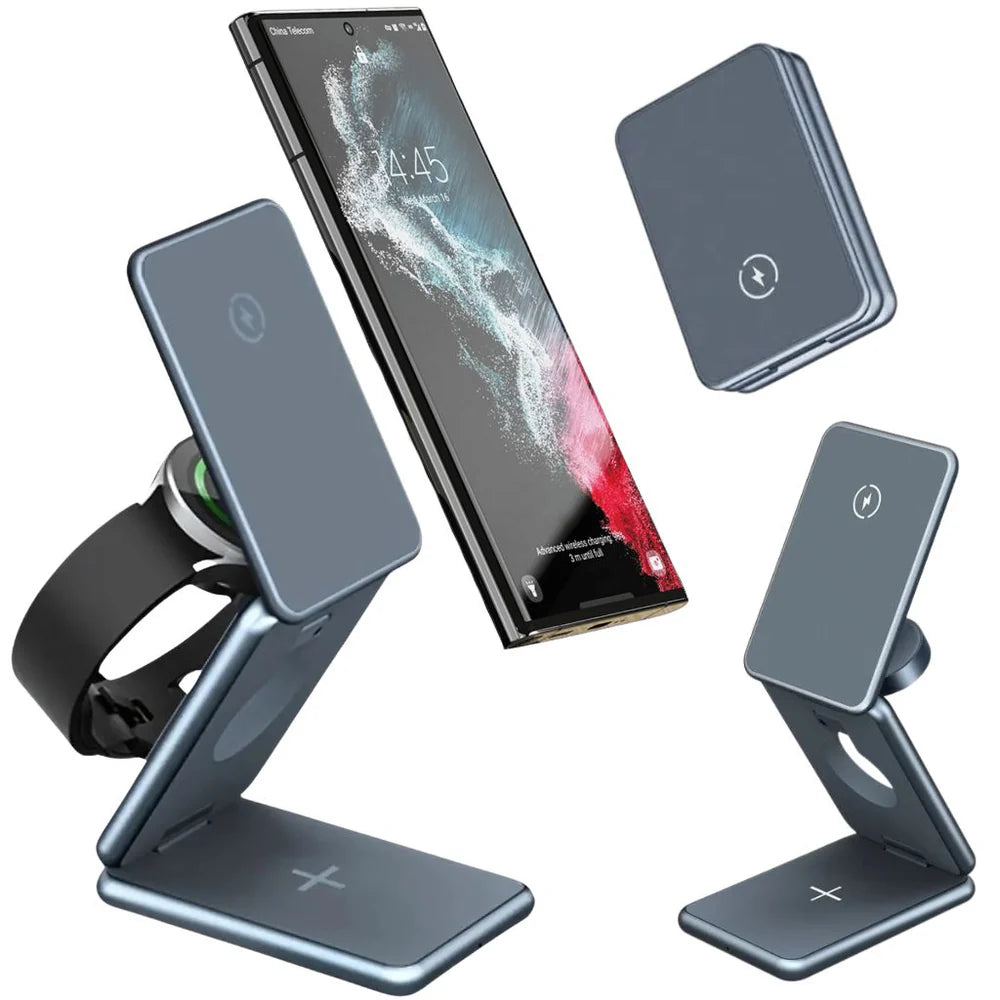Multi-device wireless charging stand with smartphone, watch, and two additional charging pads on a white background.