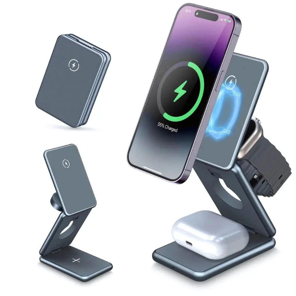 Multi-device wireless charging stand with smartphone, watch, and AirPods on a white background
