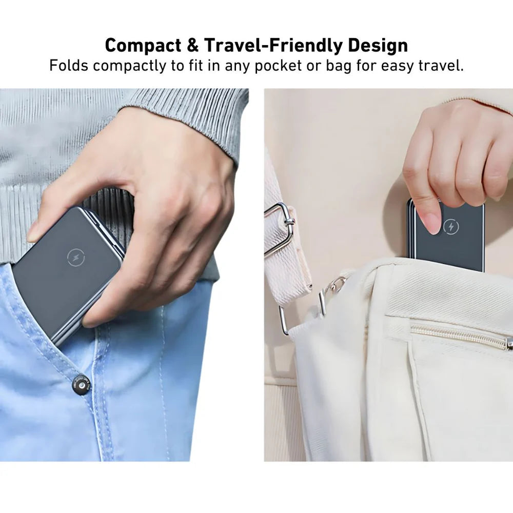 Compact device being held in a pocket and against a bag, with text about its travel-friendly design.